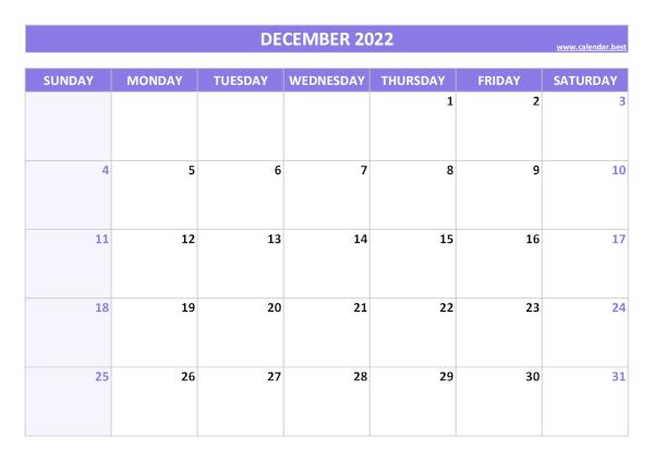 Blank monthly calendar : December 2022