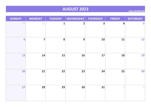 Blank monthly calendar : August 2023