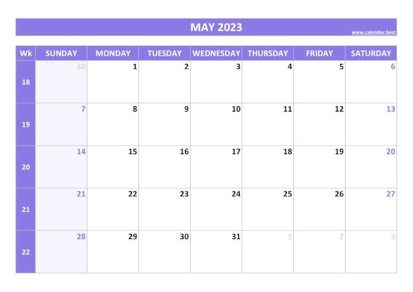 May calendar 2023 with week numbers
