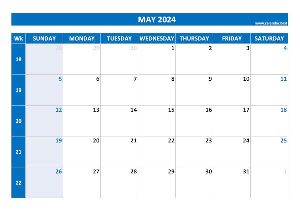 may calendar 2024 with US week numbers