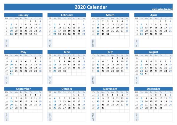 2020 with week numbers -Calendar.best