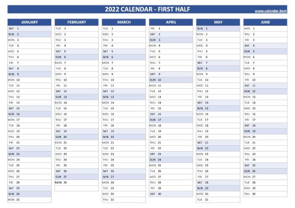 Blank calendar for first half 2022