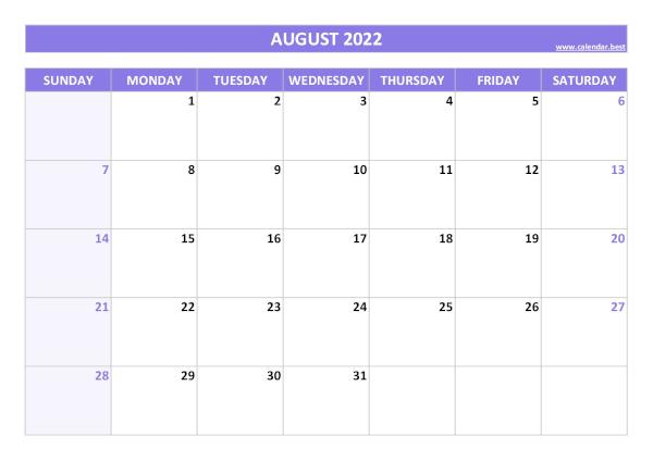 Blank monthly calendar : August 2022