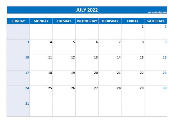 Blank monthly calendar : July 2022