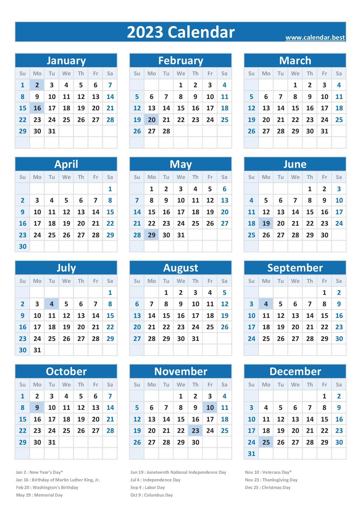 2023 Federal Holidays List And 2023 Calendar With Holidays To Print