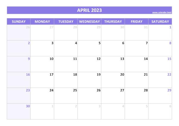 Blank monthly calendar : April 2023