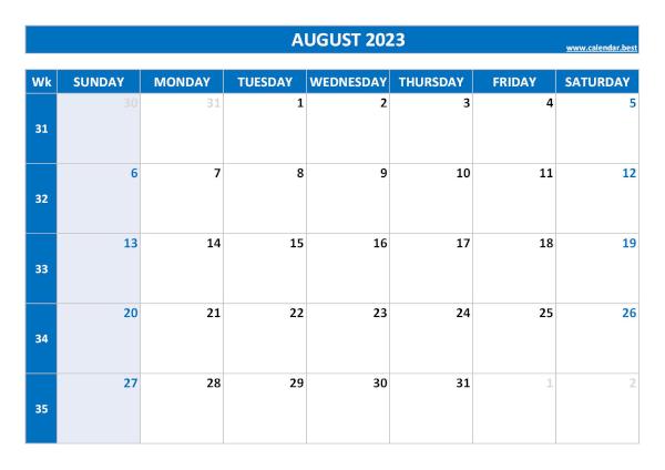 August calendar 2023 with week numbers