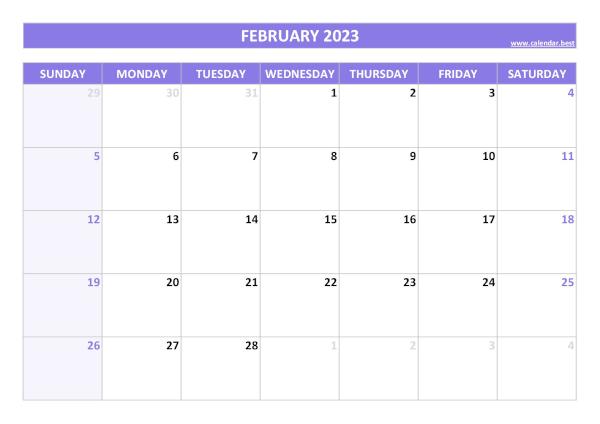 Blank monthly calendar : February 2023