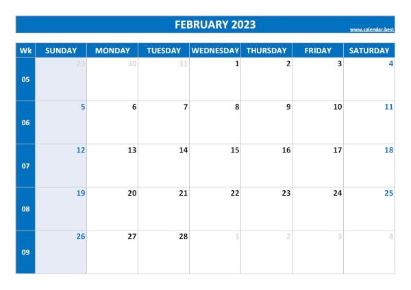 February calendar 2023 with week numbers