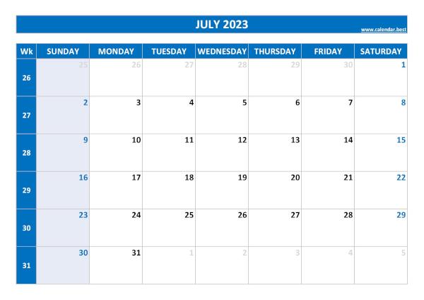 July calendar 2023 with week numbers