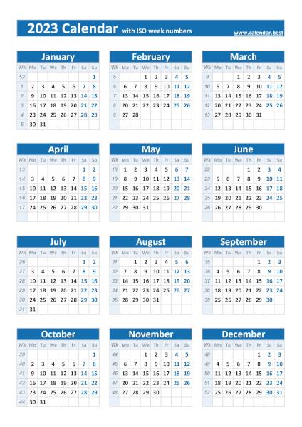 2023 calendar with ISO weeks, blue template