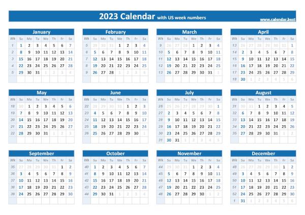 2023 printable calendar with week number.