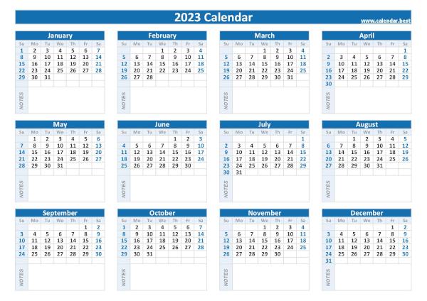 2023 calendar with blank notes
