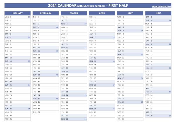 First half year calendar 2024 with US week numbers