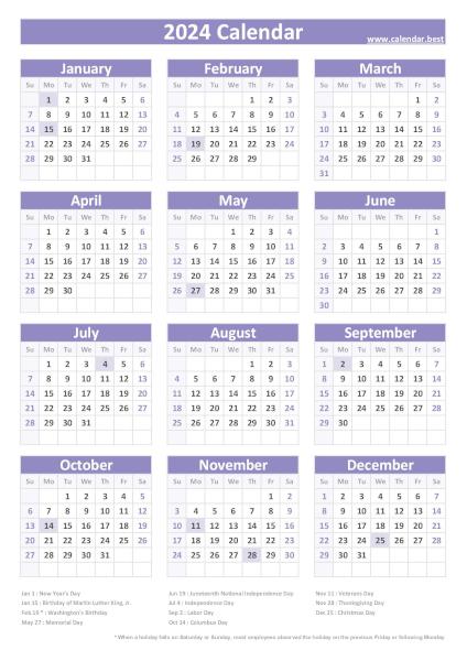 2024 calendar with holidays, purple template