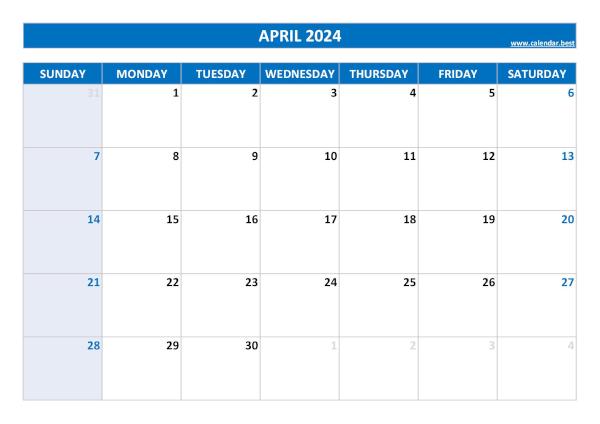 Monthly calendar : April 2024