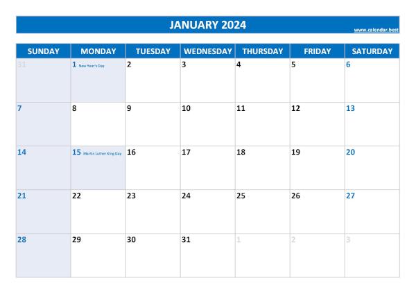 January 2024 calendar with holidays