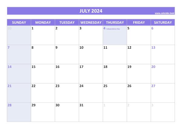 July 2024 calendar with holidays