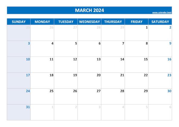 Blank monthly calendar : March 2024