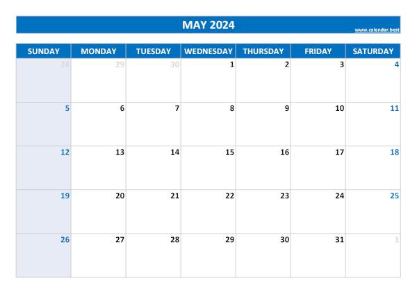 Monthly calendar for the month of May 2024