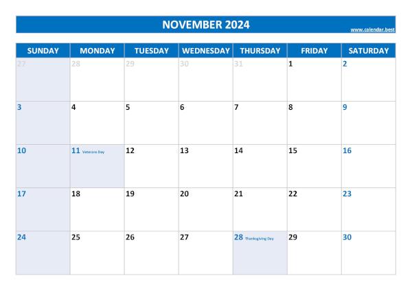 November 2024 calendar with holidays