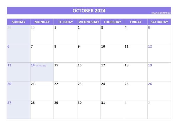 October 2024 calendar with holidays