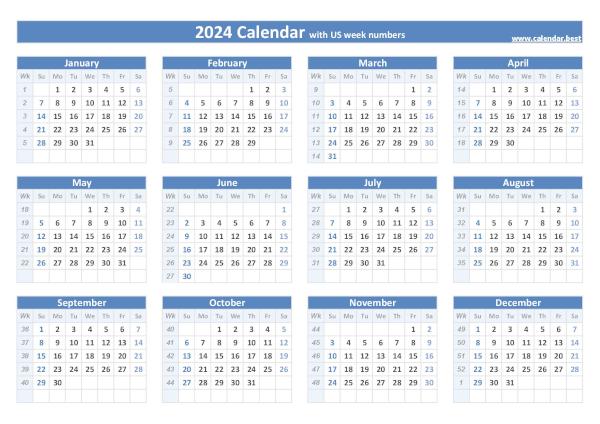 2024 printable calendar with week number.