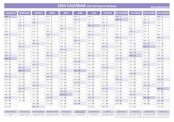 2024 yearly calendar with holidays