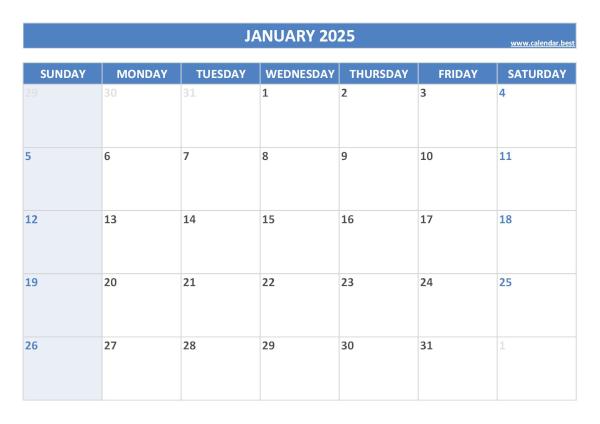 Blank monthly calendar : January 2025