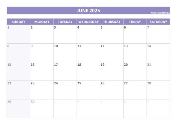 Blank monthly calendar : June 2025