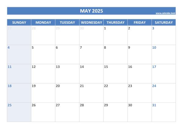 Blank monthly calendar : May 2025