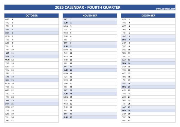 Printable quarterly calendar for July, October and November 2025 (Quarter NΒ°3), blank version, blue template, A4 landscape format Printable 2025 quarterly calendar for 4th quarter 2025