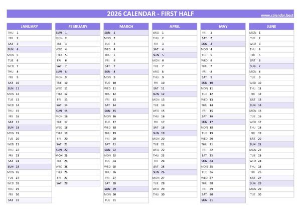 Calendar for the first 6 months of 2026 to print for free, blank version, blue template, A4 landscape format Blank calendar for first half 2026