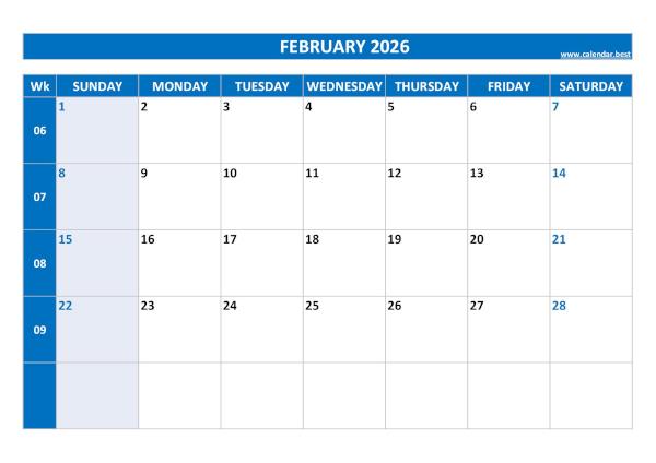 February calendar 2026 with US week numbers