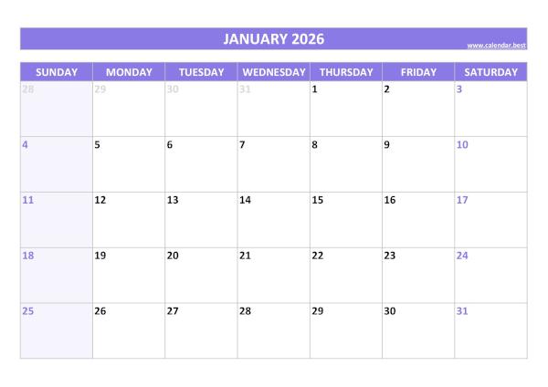 Monthly calendar printable, january 2026, purple template January 2026 printable calendar