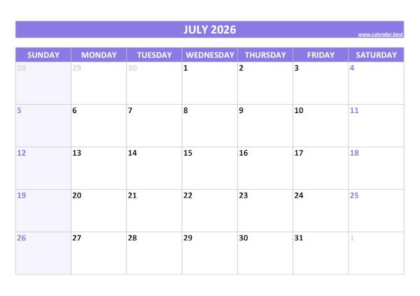 Monthly calendar printable, july 2026, purple template July 2026 printable calendar