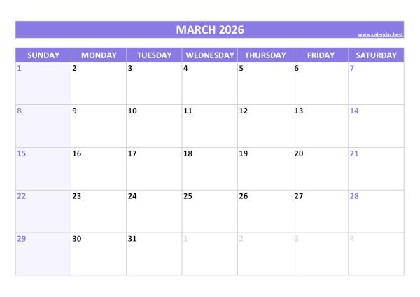 Monthly calendar printable, March 2026, purple template March 2026 printable calendar