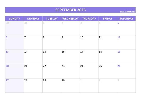 Monthly calendar printable, september 2026, purple template September 2026 printable calendar