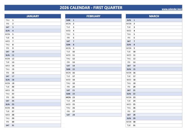 Printable quarterly calendar for January, February and March 2026 (Quarter NΒ°1), blank version, blue template, A4 landscape format Printable 2026 quarterly calendar for 1st quarter 2026