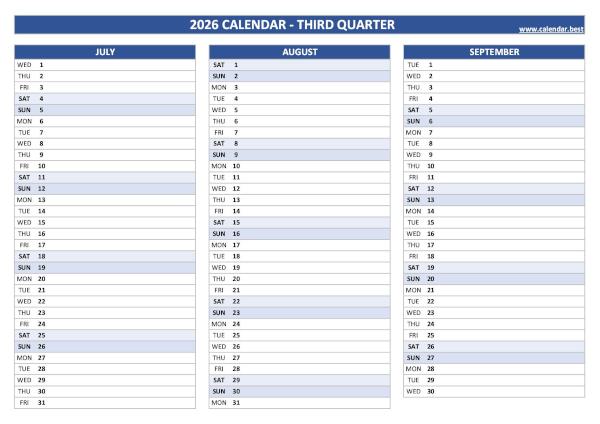 Printable quarterly calendar for July, August and September 2026 (Quarter NΒ°3), blank version, blue template, A4 landscape format Printable 2026 quarterly calendar for 3rd quarter 2026