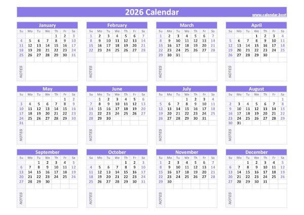 Printable 2026 calendar with blank space to write, free dowload in pdf or jpg, purple template. 2026 calendar with blank notes