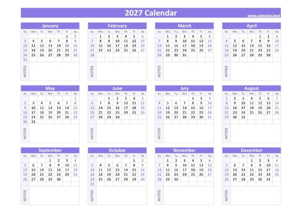 Printable 2027 calendar with blank space to write, free dowload in pdf or jpg, purple template. 2027 calendar with blank notes
