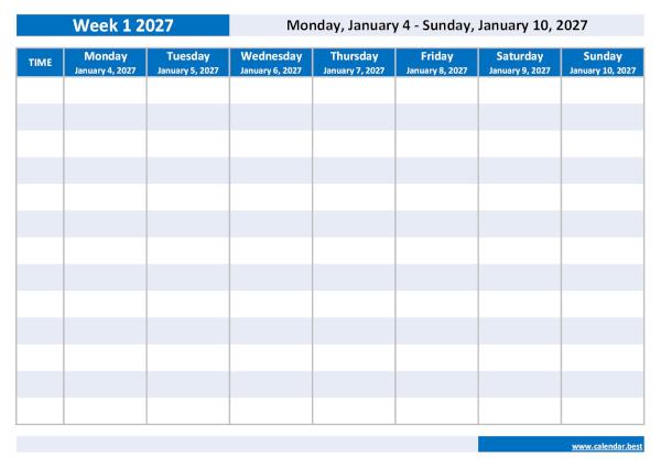 Organize your weekly schedule with our Week 1 2027 calendar. Week 1 2027 from January 4, 2027, to January 10, 2027, weekly calendar to print.
