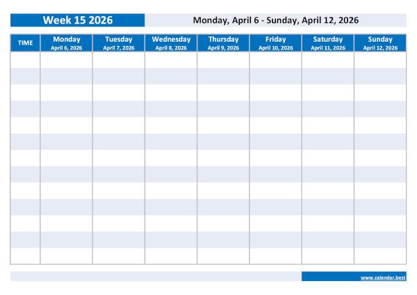 Organize your weekly schedule with our Week 15 2026 calendar. Week 15 2026 from April 6, 2026 to April 12, 2026, weekly calendar to print.