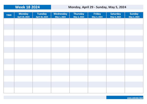 Week 18 2024 from April 29, 2024 to May 5, 2024, weekly calendar to print.