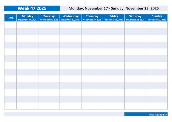 Organize your weekly schedule with our Week 47 2025 calendar. Week 47 2025 from November 17, 2025 to November 23, 2025, weekly calendar to print.