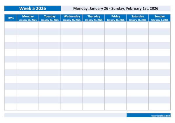 Week 5 2026 from January 26, 2026 to February 1st, 2026, weekly calendar to print.