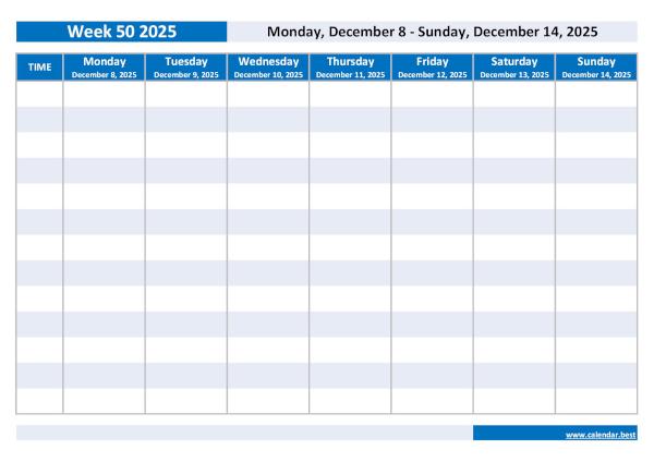 Organize your weekly schedule with our Week 50 2025 calendar. Week 50 2025 from December 8, 2025 to December 14, 2025, weekly calendar to print.